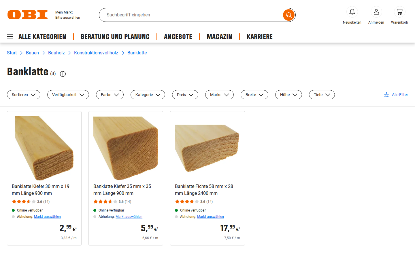 OBI ürün listeleme sayfası: sonuç ızgarası