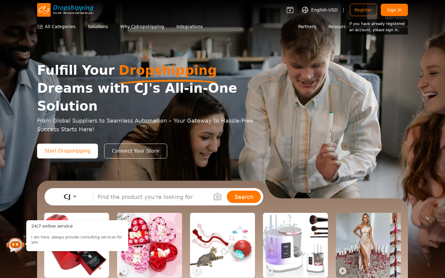 CJ Dropshipping ana sayfası: arama ve öne çıkan ürünler