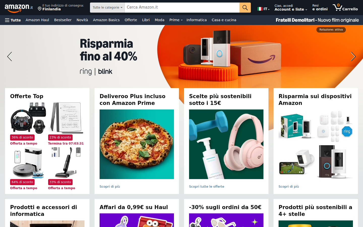 Amazon İtalya ana sayfa: navigasyon ve öne çıkan kampanyalar