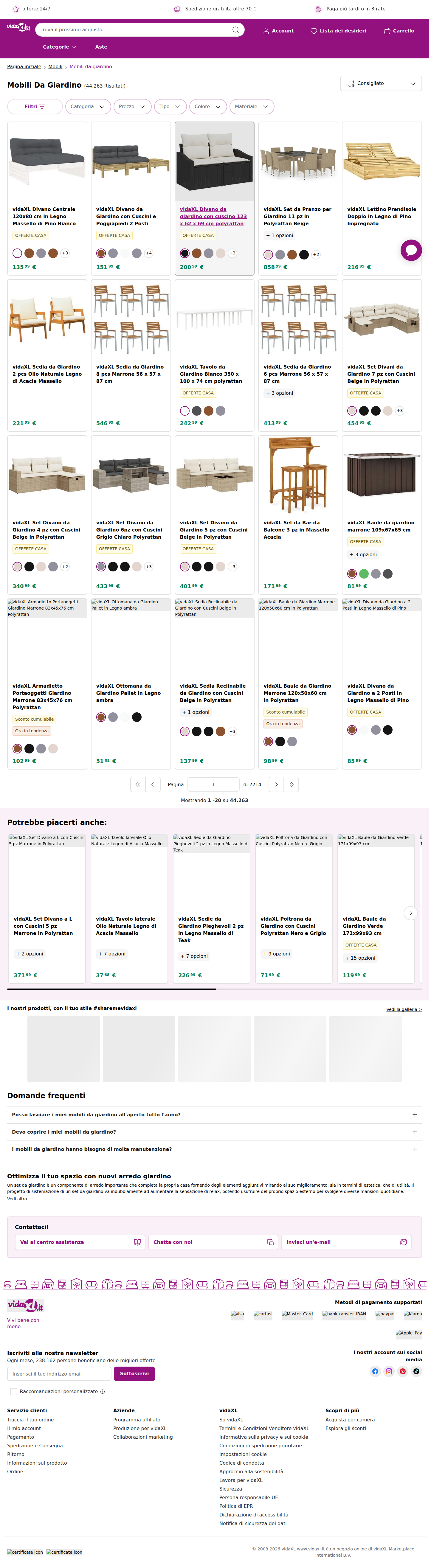 vidaXL İtalya kategori sayfası: ürün grid’i ve filtreler