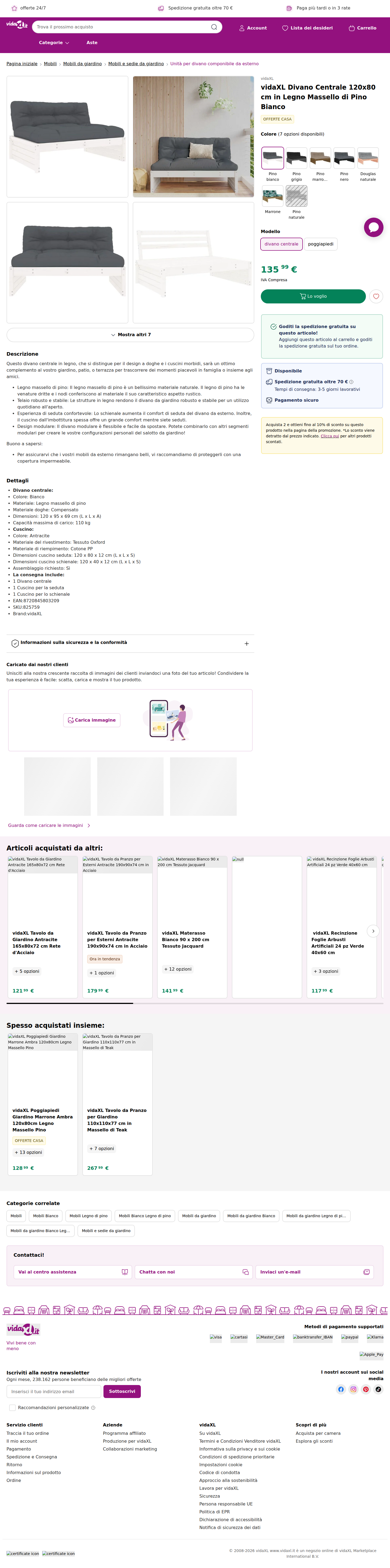 vidaXL İtalya ürün sayfası: görseller, seçenekler ve teknik detaylar