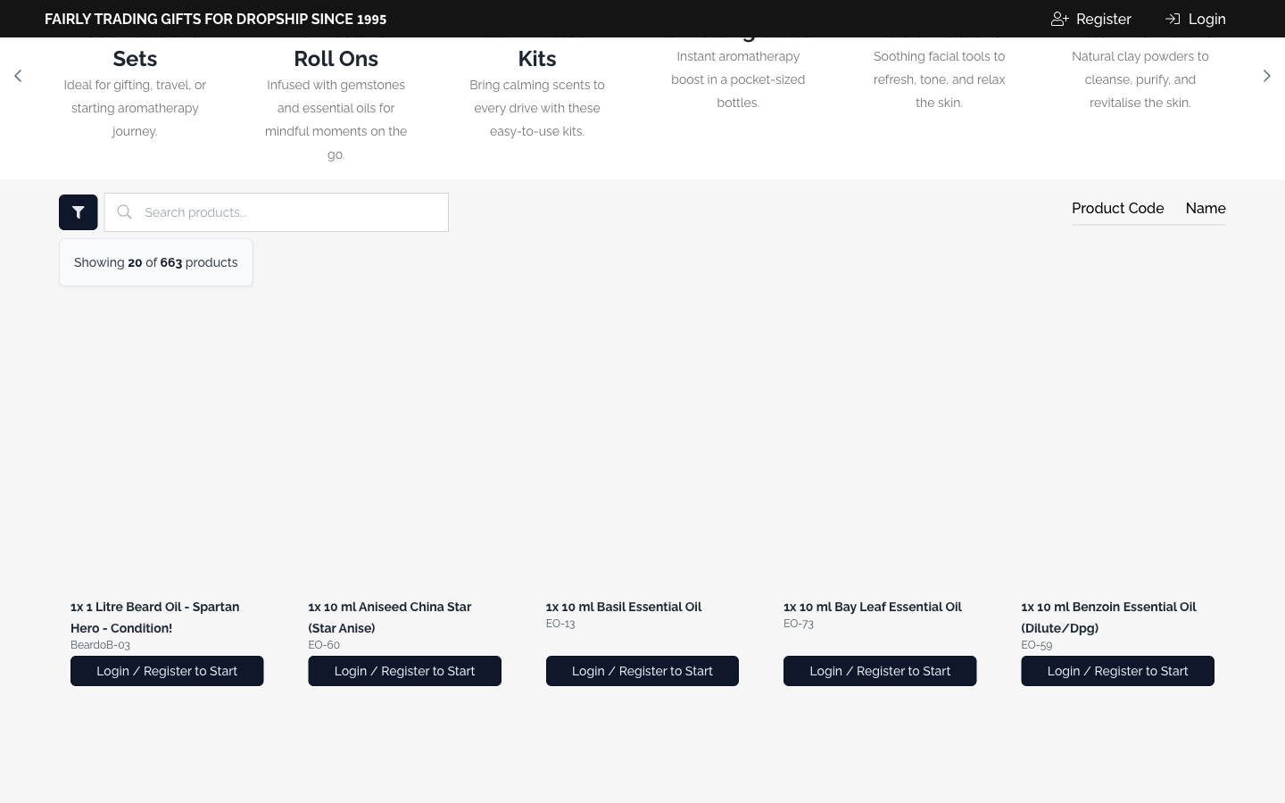 AW Dropship kategori görünümü: aromaterapide ürün kodları ve ürün adları