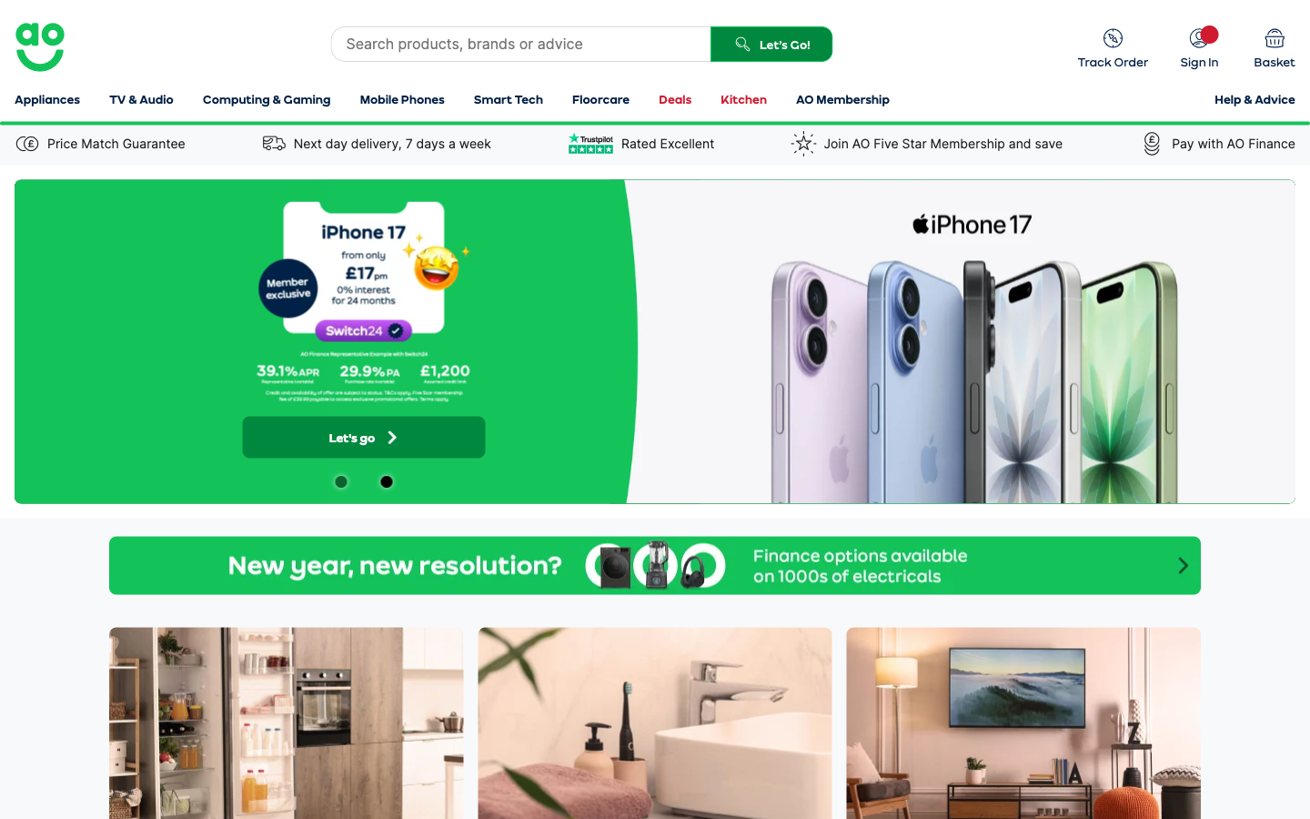 AO.com ana sayfası: beyaz eşya ve elektronik navigasyonu