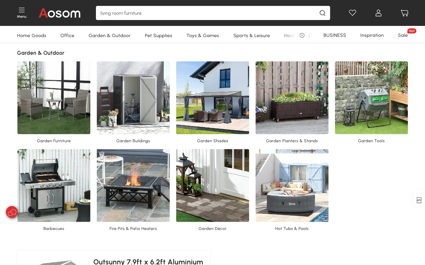 Aosom UK bahçe ve dış mekân kategori sayfası: alt kategoriler