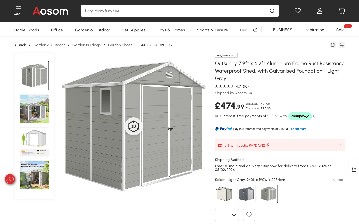Aosom UK ürün sayfası: görseller, fiyat ve teslimat detayları
