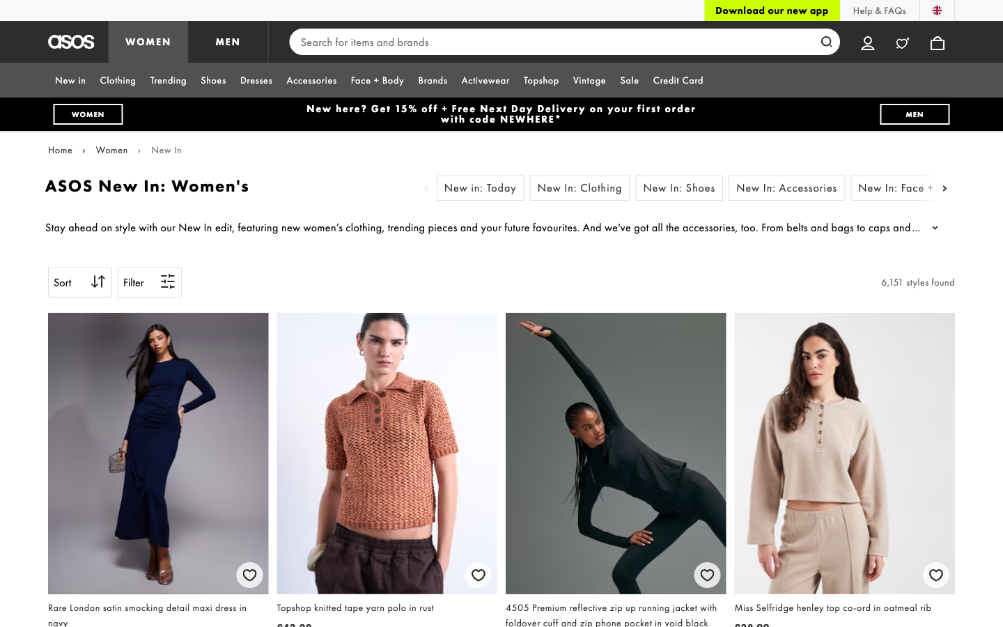 ASOS Women’s New In kategori sayfası: ürün grid’i ve filtreler