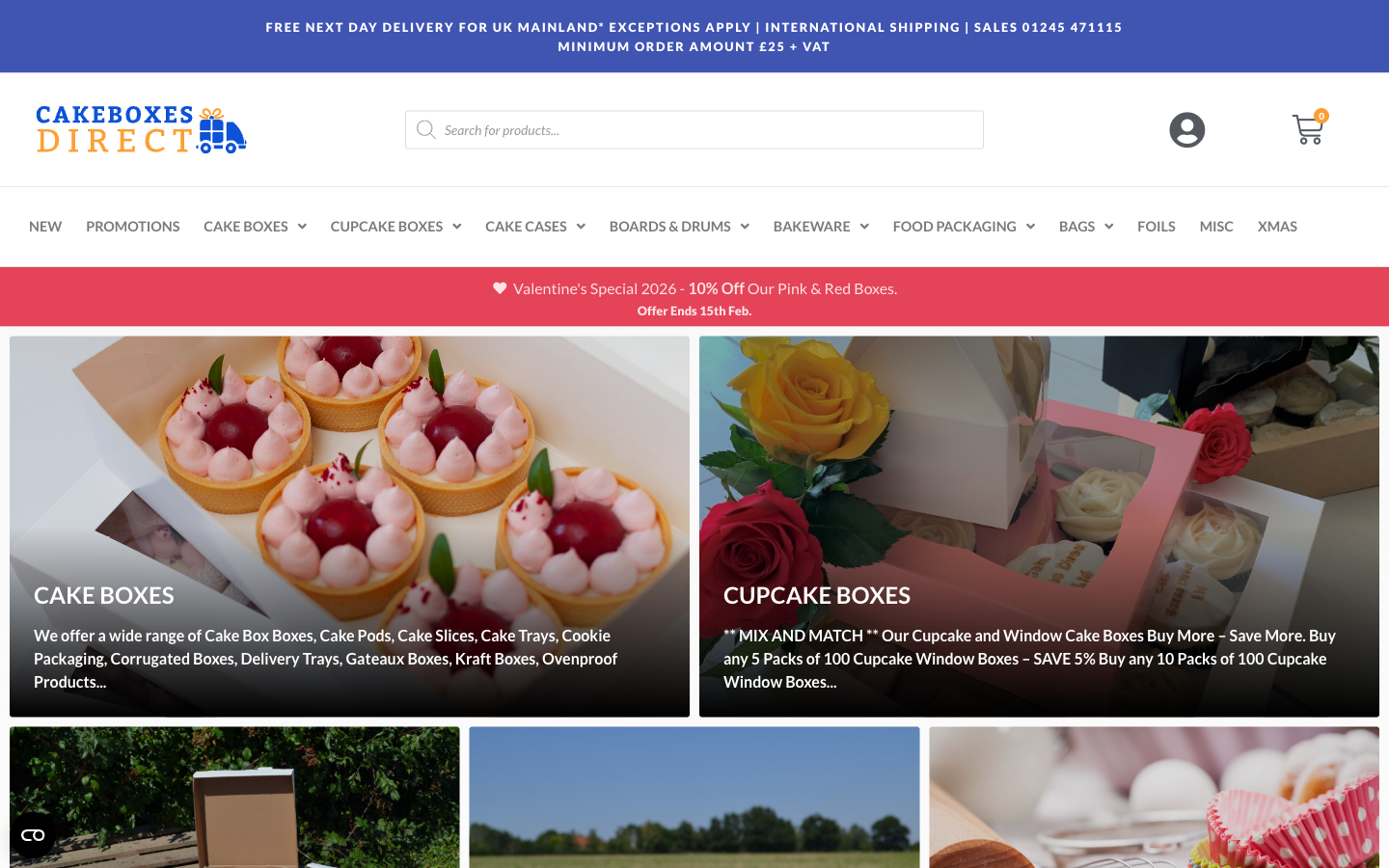 Cakeboxes Direct ana sayfası: kek kutusu ve ambalaj kategorileri