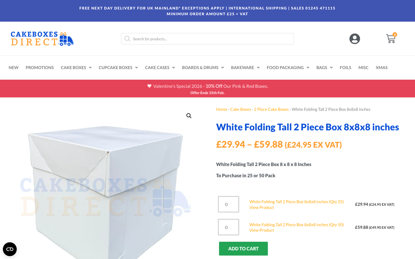 Cakeboxes Direct ürün sayfası: görseller, fiyat ve pack seçenekleri