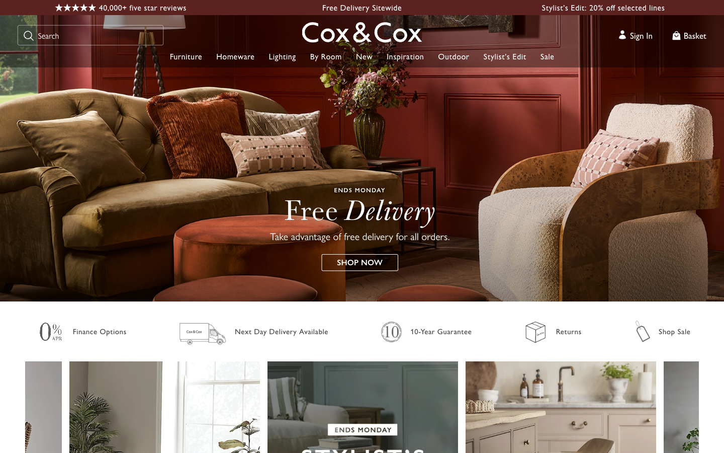 Cox & Cox ana sayfası: mobilya ve dekor navigasyonu