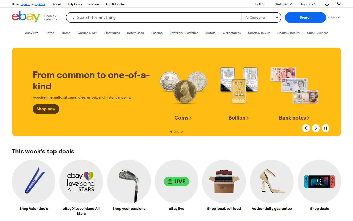 eBay UK ana sayfa: arama ve kategori navigasyonu