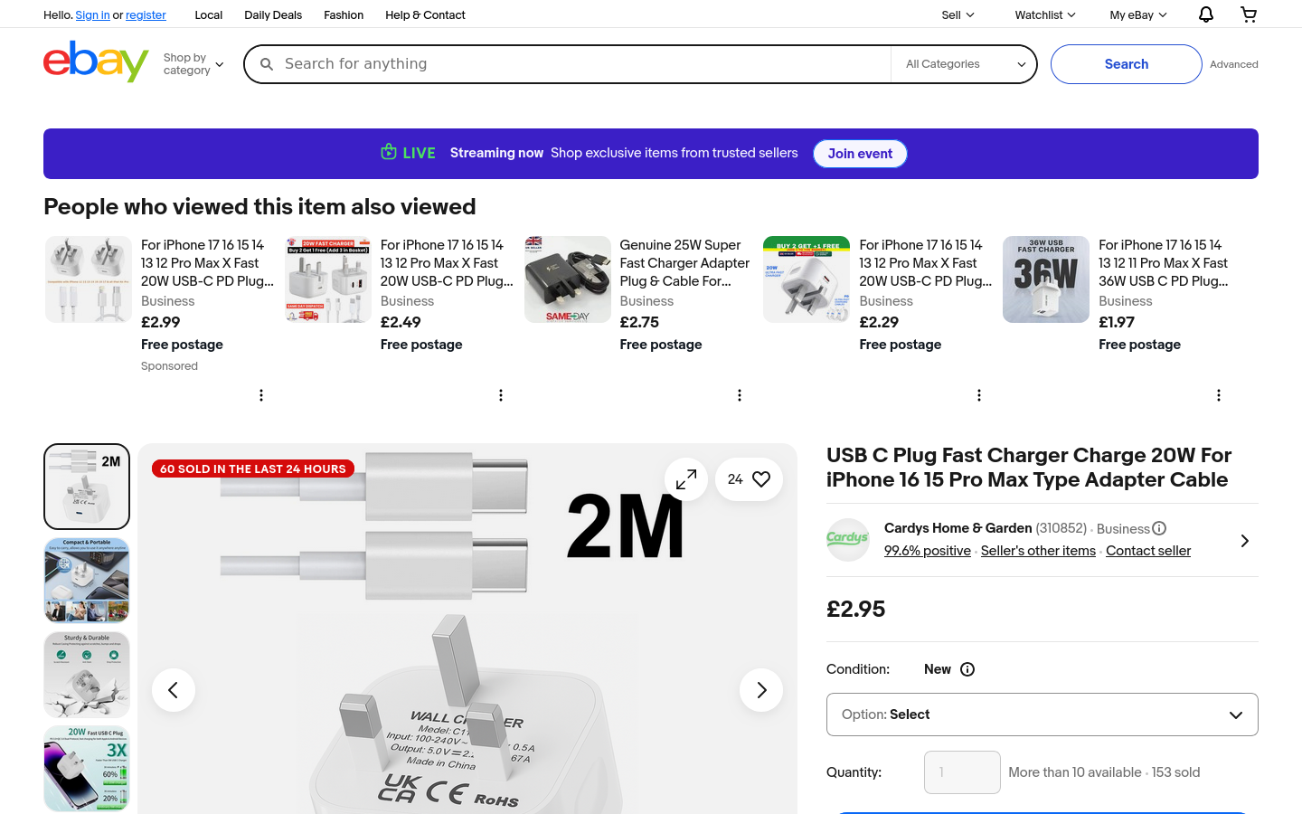 eBay UK ürün sayfası: fiyat, kargo ve kondisyon bilgileri