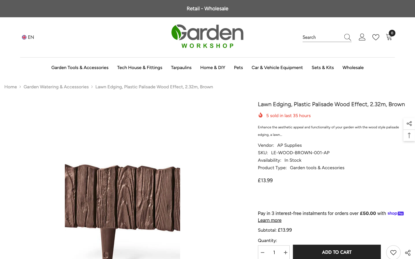 Garden Workshop ürün sayfası: fiyat, stok ve SKU detayları