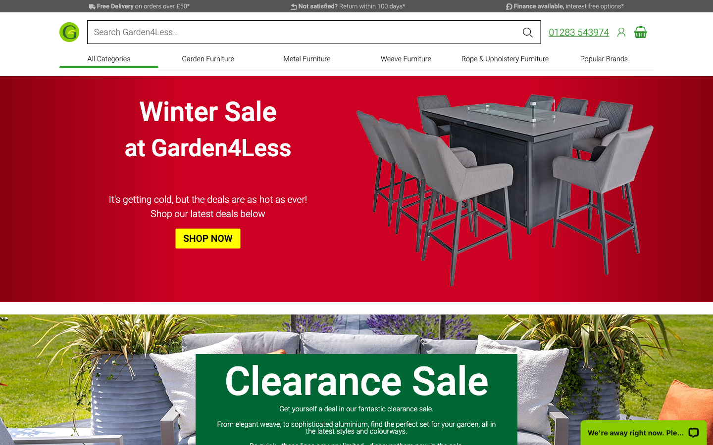 Garden4Less ana sayfası: kampanya bannerı ve kategori menüsü