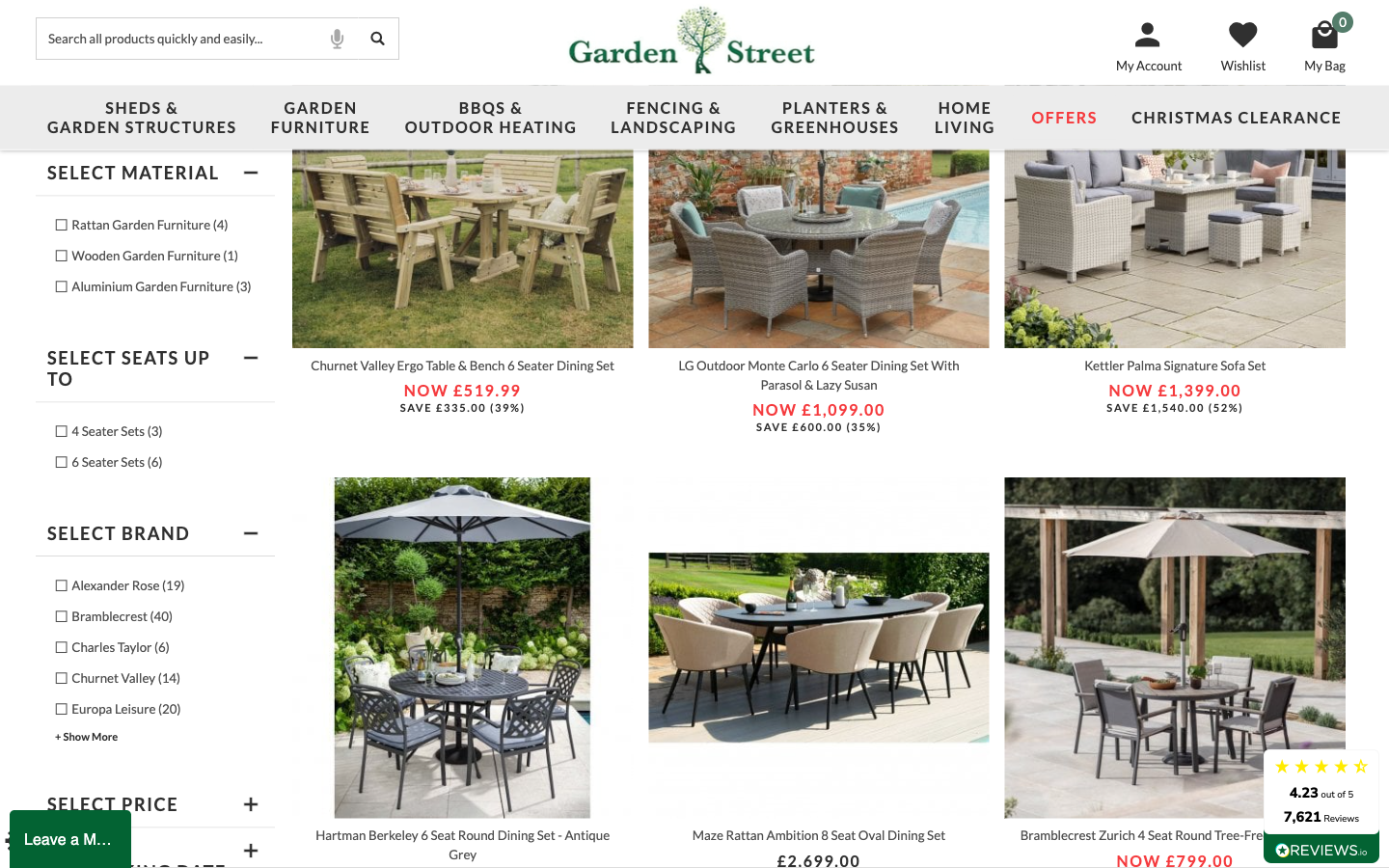 Garden Street kategori sayfası: filtreler ve dining set ürün grid’i