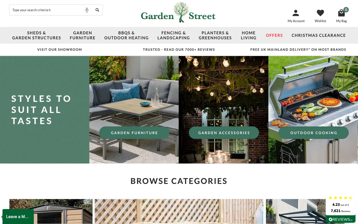 Garden Street ana sayfası: outdoor kategori menüsü ve öne çıkan bölümler