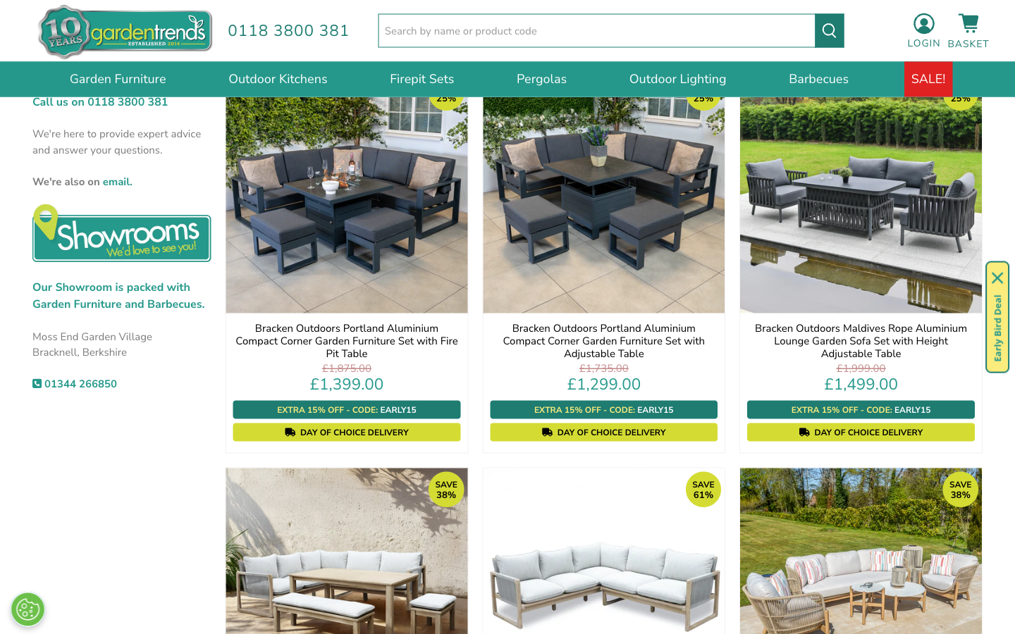 Garden Trends kategori sayfası: lounge set ürün grid’i ve fiyatlar