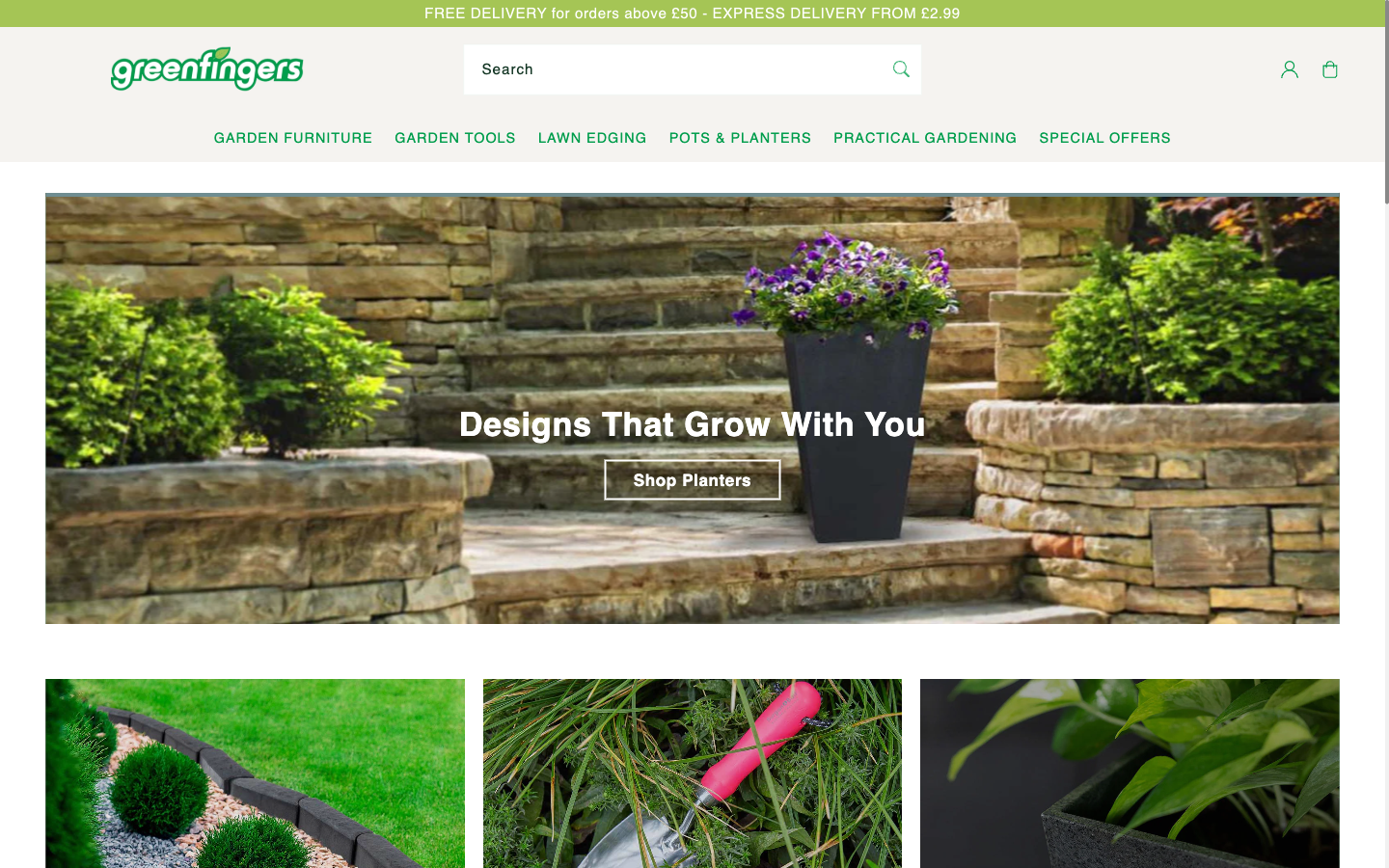 Greenfingers ana sayfası: bahçe kategorileri ve planter navigasyonu