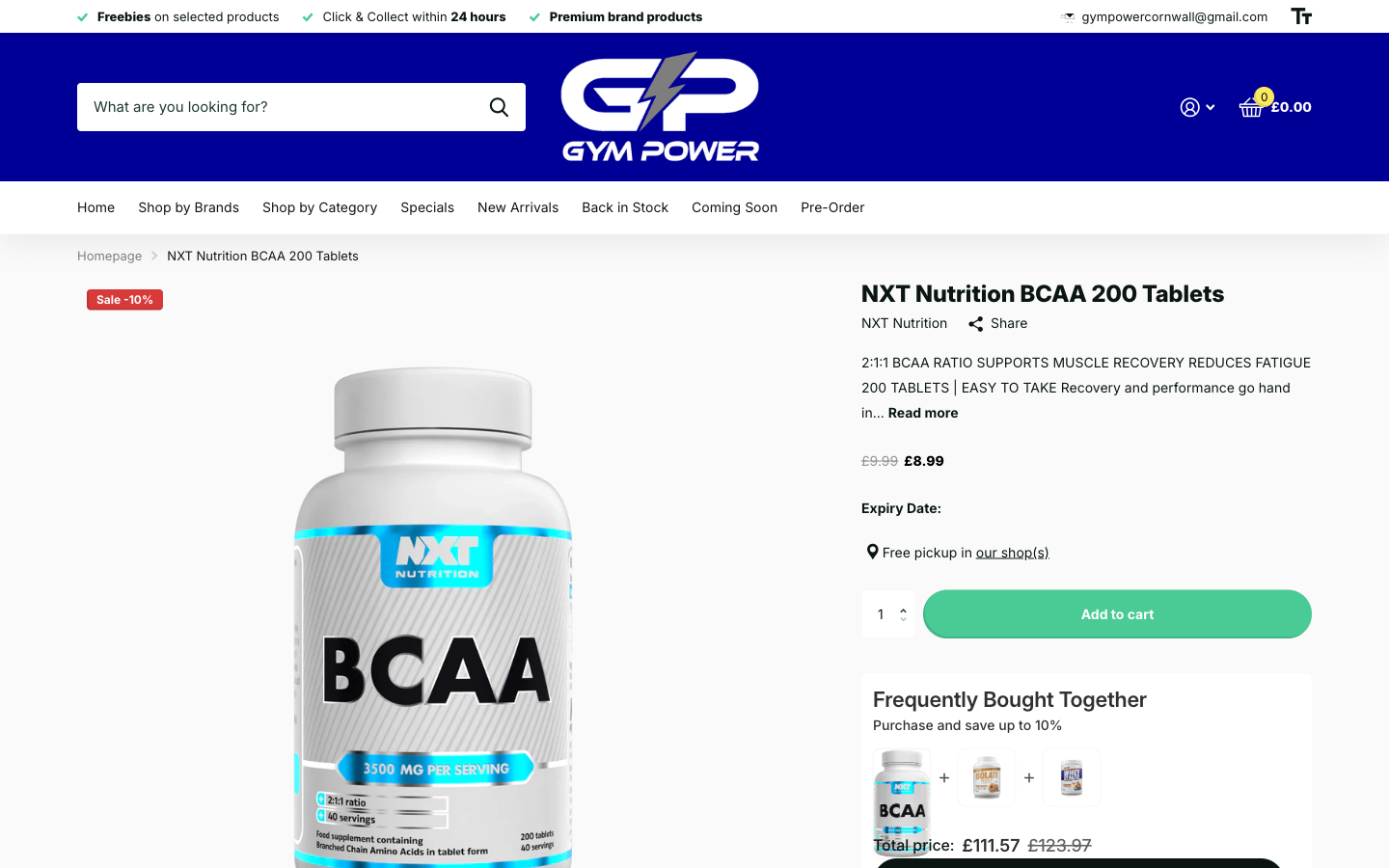 Gym Power ürün sayfası: görseller, fiyat ve bir BCAA takviyesi detayları