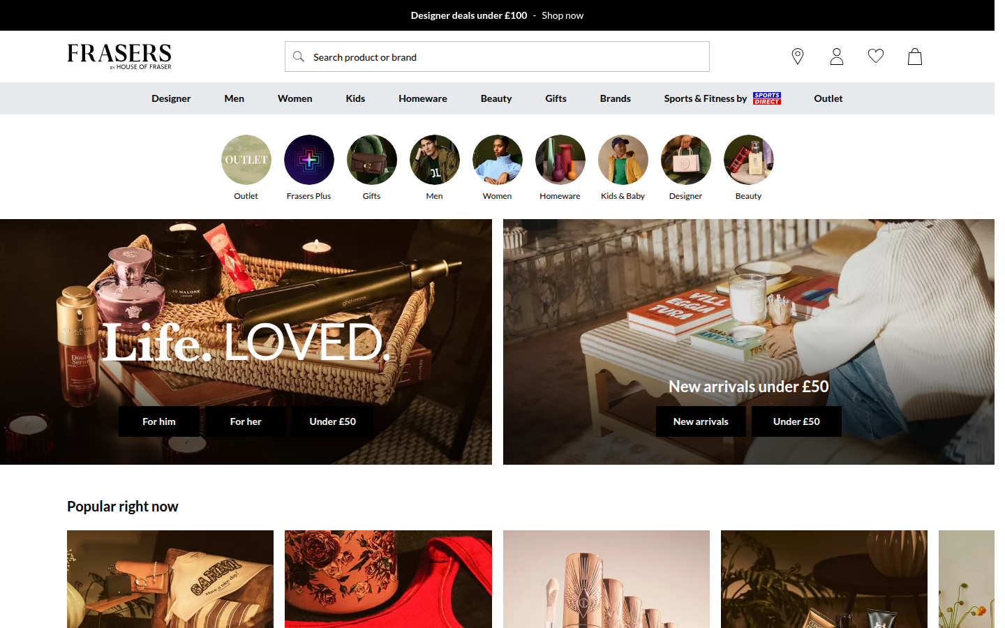 House of Fraser ana sayfası: navigasyon ve öne çıkan kampanyalar