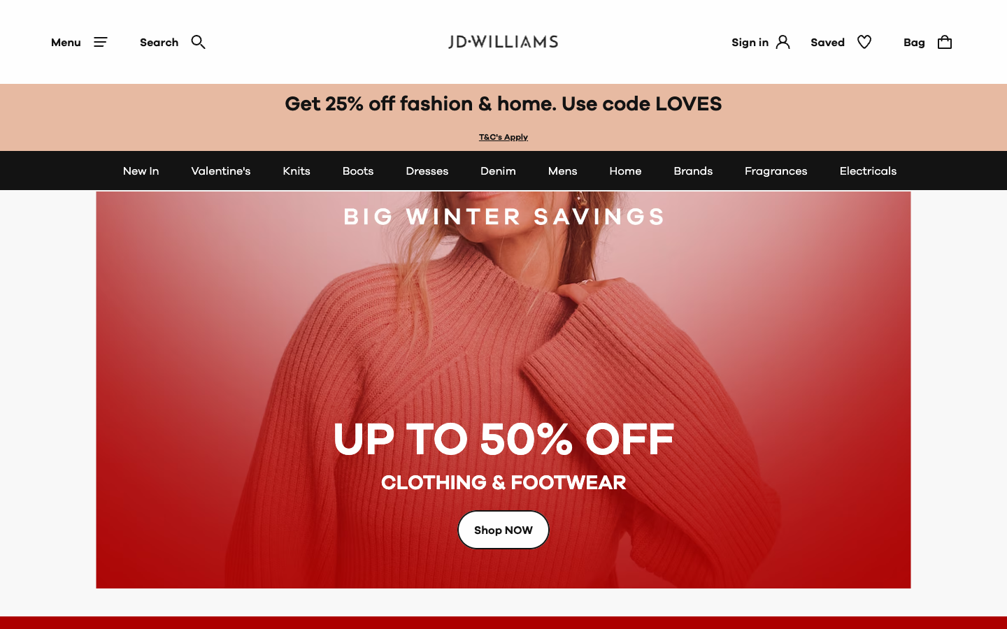JD Williams ana sayfası: Fashion ve Home promosyonları ve navigasyon