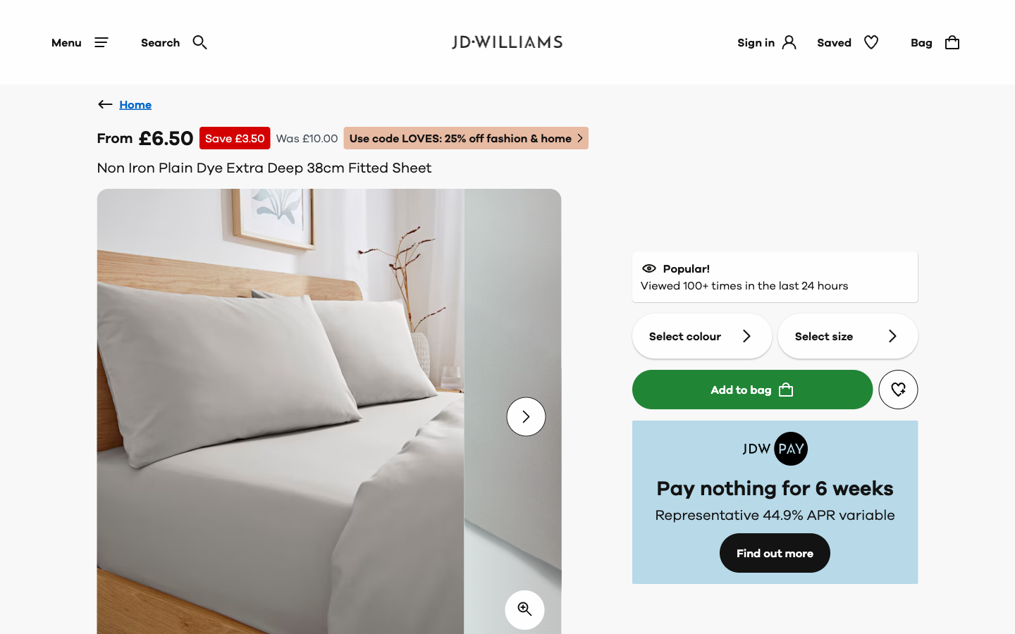 JD Williams ürün sayfası: fiyat, renk/beden seçiciler ve sepete ekleme
