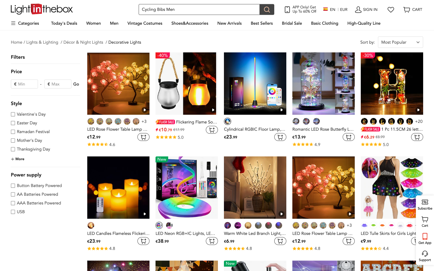 LightInTheBox kategori sayfası: filtreler ve ürün grid’i