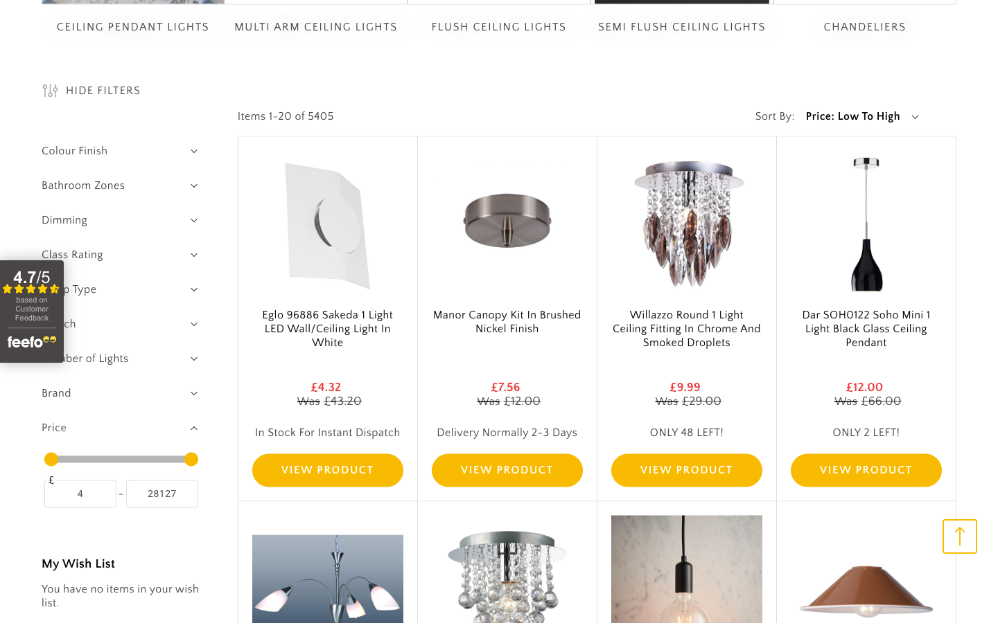 Lights4living tavan aydınlatması kategori sayfası: filtreler ve ürün grid'i