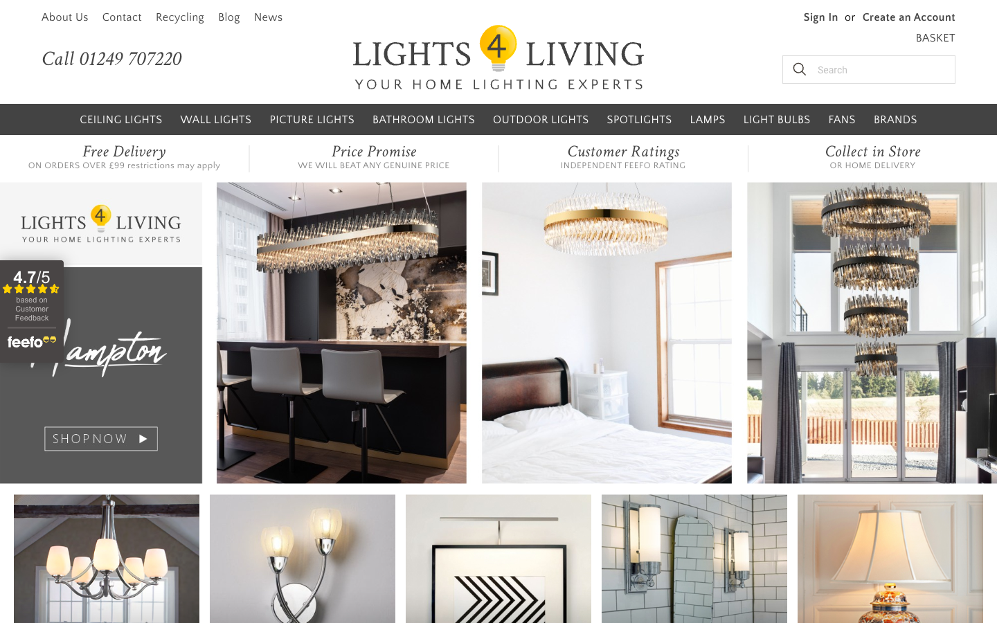 Lights4living ana sayfası: ceiling lights, wall lights, bathroom lights, outdoor lights, lamps ve light bulbs navigasyonu