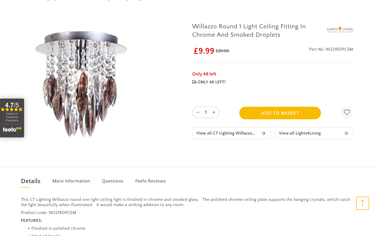 Lights4living ürün sayfası: görsel, ürün adı, fiyat ve part number