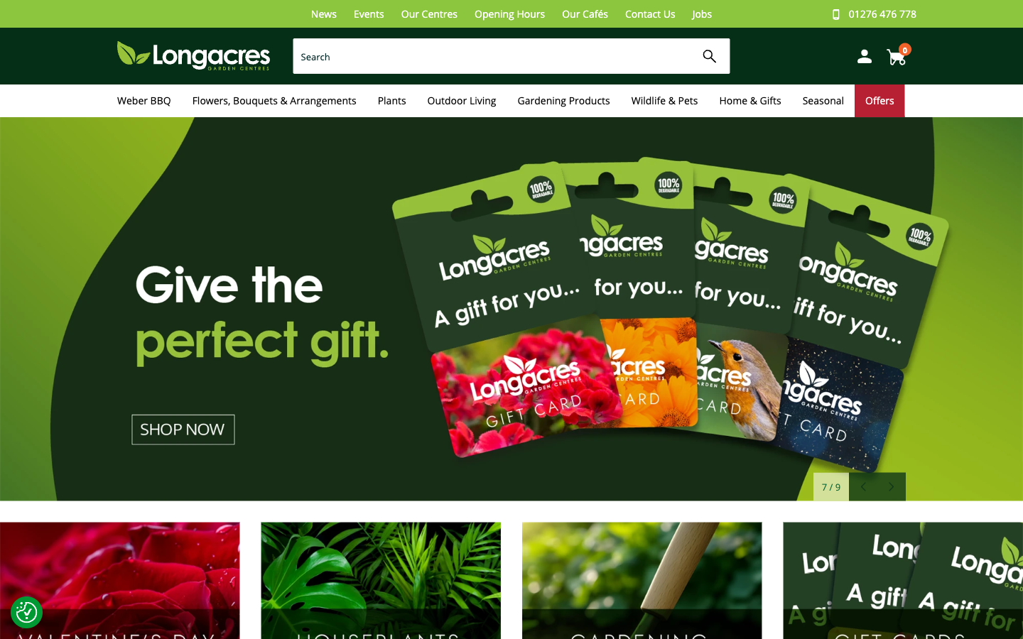 Longacres ana sayfası: outdoor living, gardening products, wildlife ve offers navigasyonu