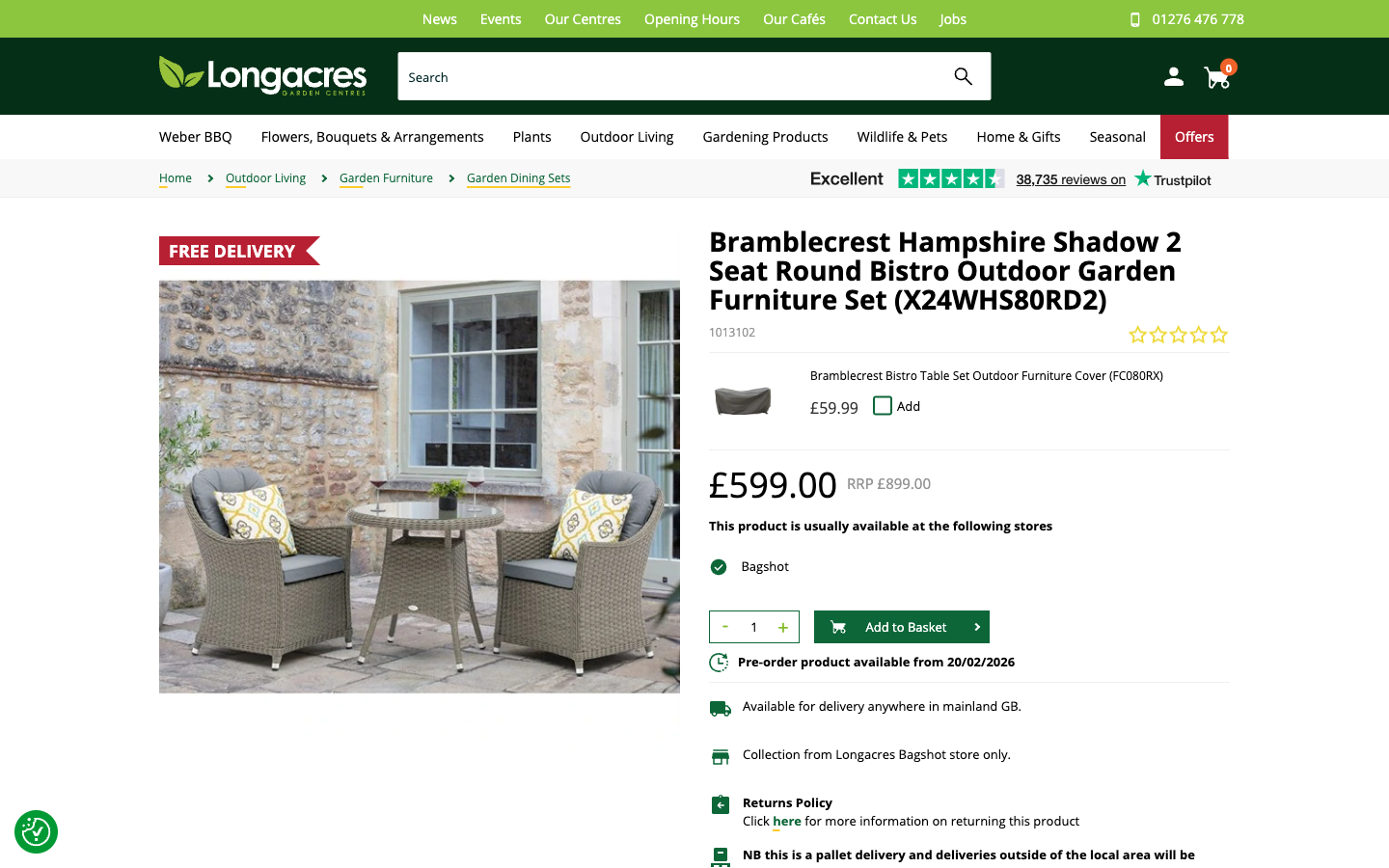 Longacres ürün sayfası: bistro set görseli, ürün adı ve fiyat