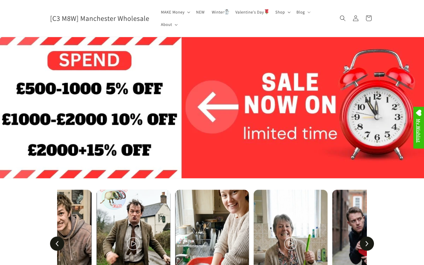 Manchester Wholesale ana sayfası: ana navigasyon ve sezonluk promosyon bannerı