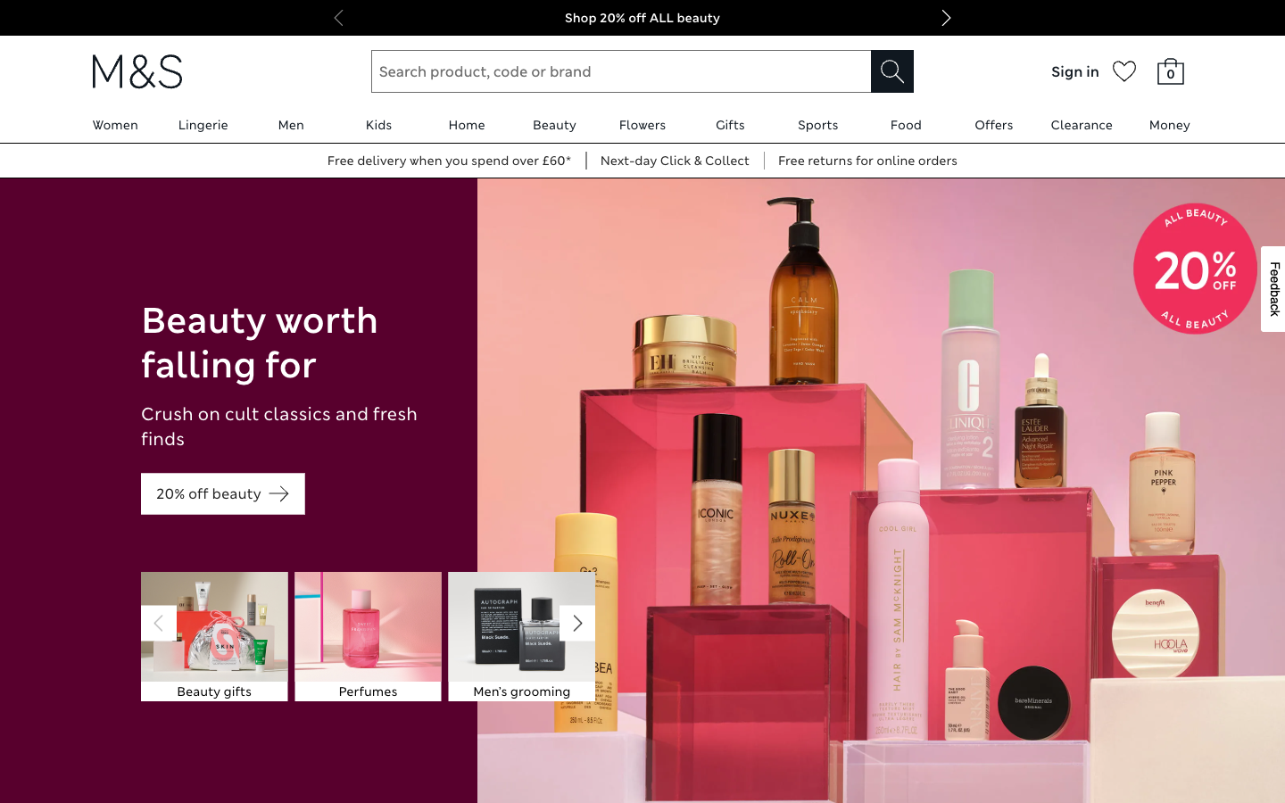 Marks & Spencer ana sayfası: Women, Home, Beauty ve Food gibi kategoriler