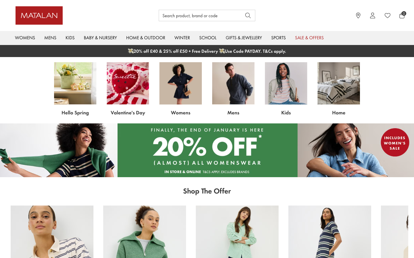 Matalan ana sayfası: Womens, Kids, Home & Outdoor ve Sale & Offers gibi bölümler