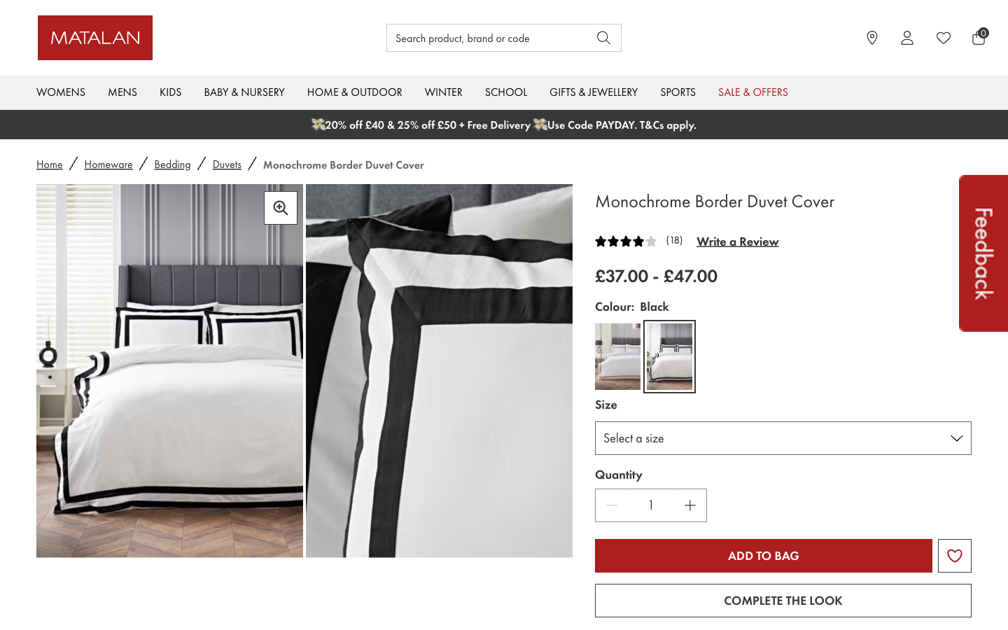 Matalan ürün sayfası: duvet cover görselleri, fiyat, renk ve beden seçenekleri
