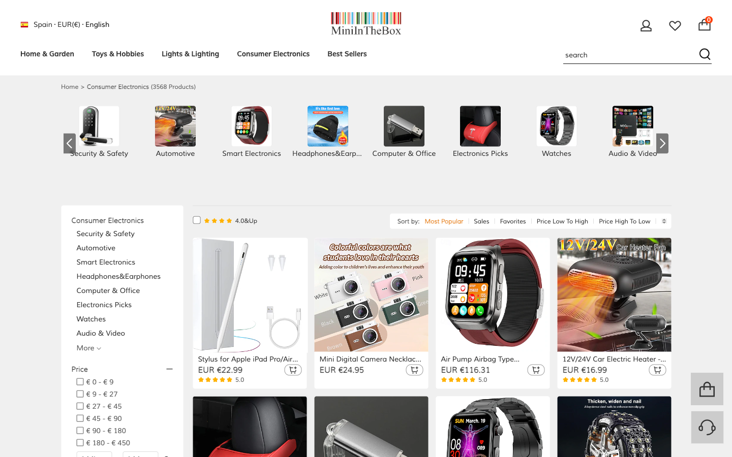 MiniInTheBox kategori sayfası: ürün grid’i ve sıralama seçenekleri