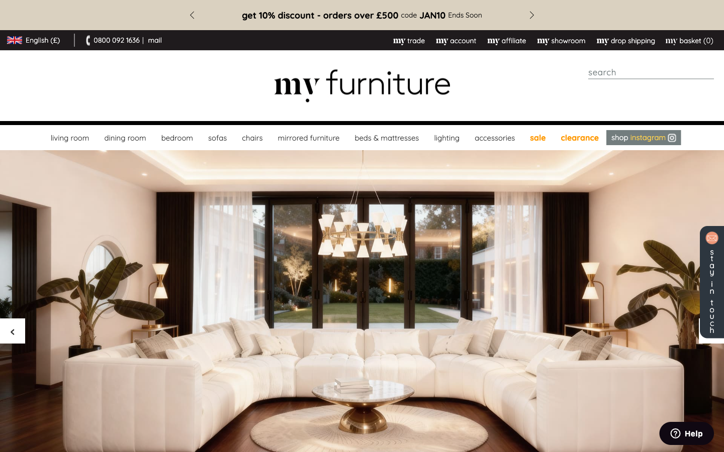 My Furniture ana sayfası: living room, dining room, bedroom, mirrored furniture ve lighting navigasyonu