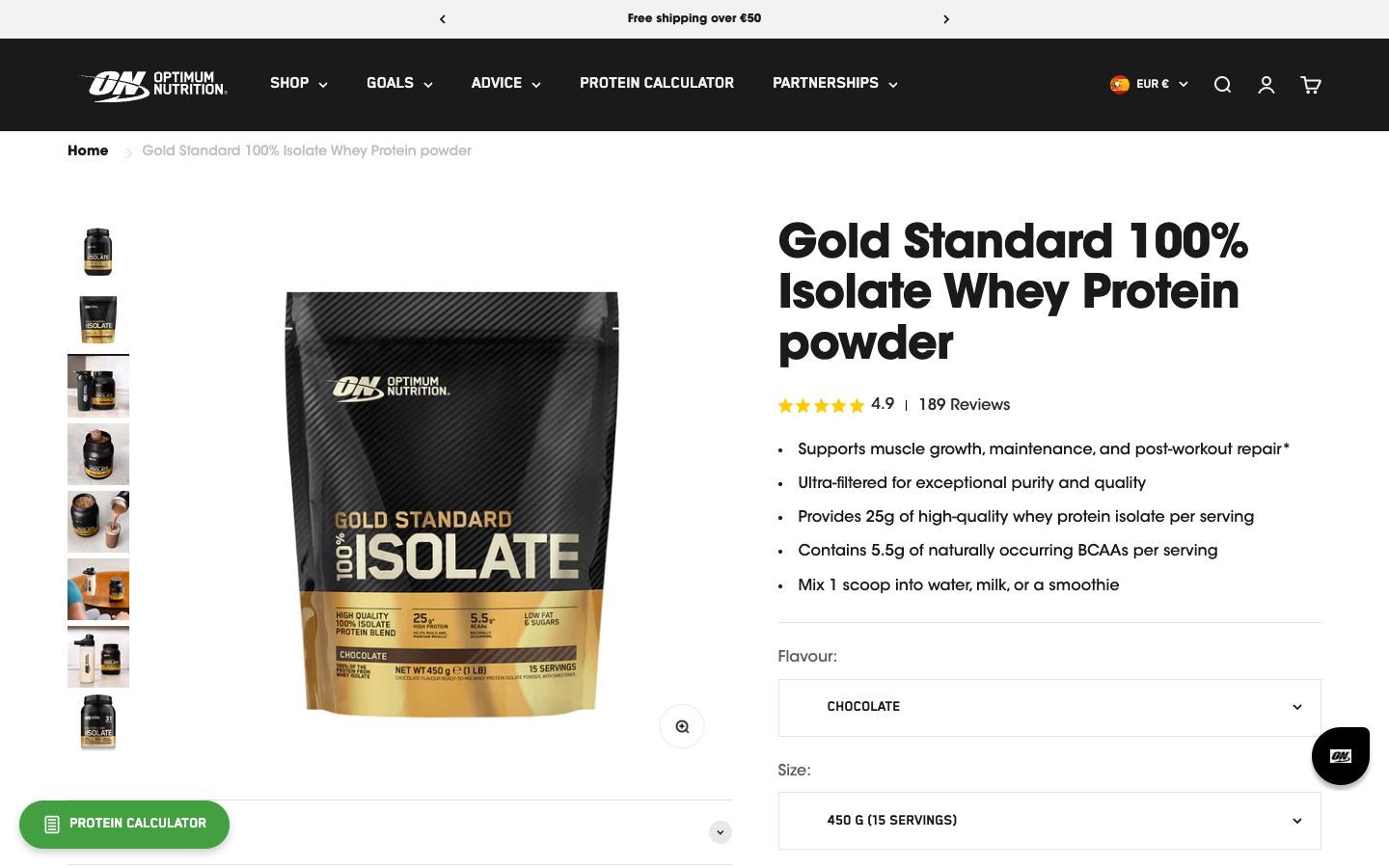 Optimum Nutrition ürün sayfası: whey isolate ürün detayları