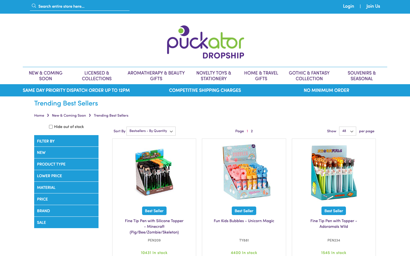 Puckator trending best sellers sayfası: ürün grid’i