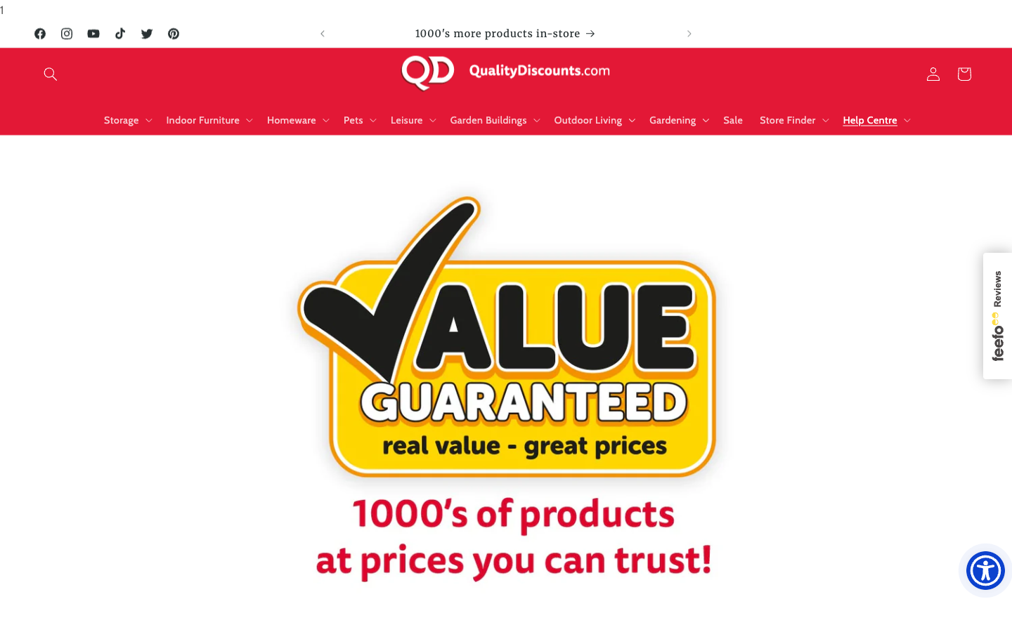 QD Stores (QualityDiscounts.com) ana sayfası: Storage, Homeware, Gardening ve Sale gibi kategoriler