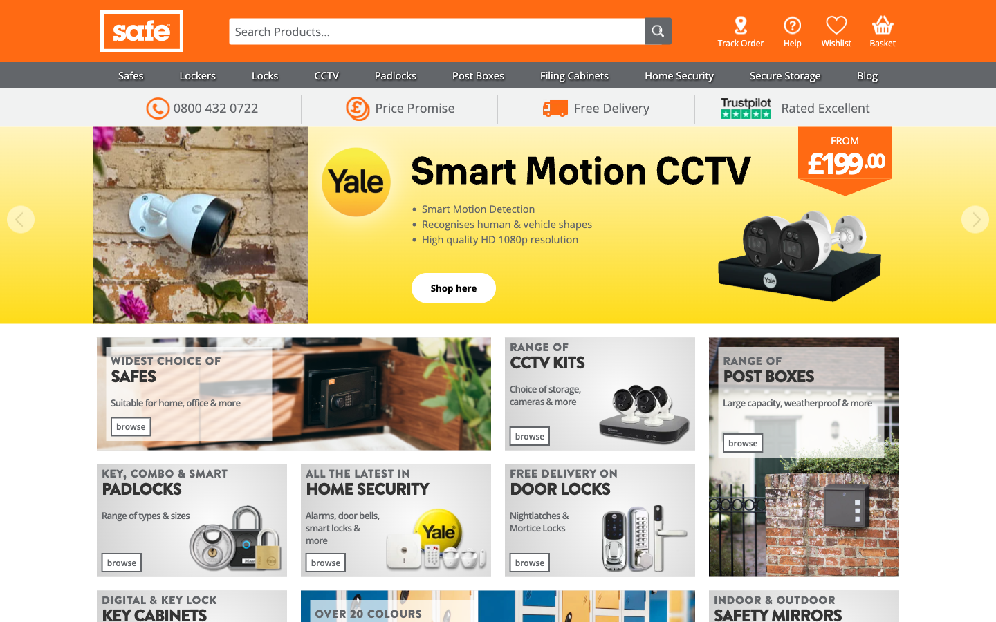 Safe.co.uk ana sayfası: kasa, kilit ve CCTV gibi güvenlik kategorileri