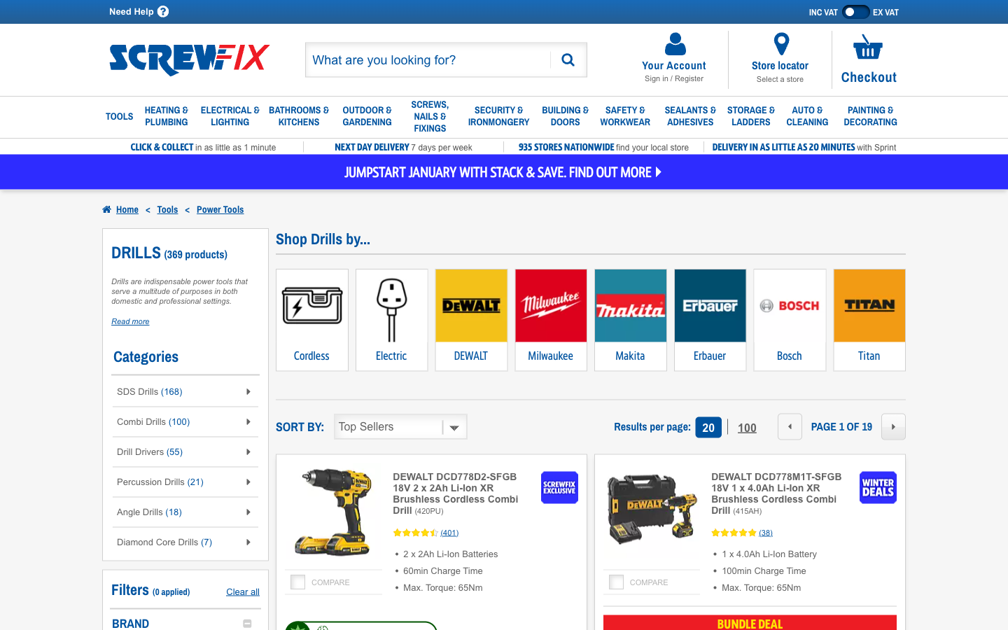 Screwfix kategori sayfası: ürün ızgarası ve matkaplar için filtreler