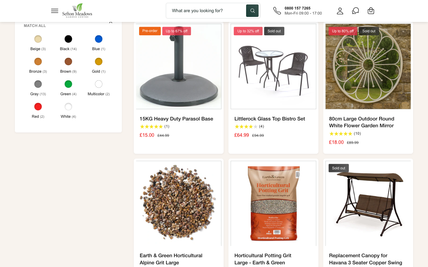 Sefton Meadows Garden & Outdoor koleksiyonu: filtreler ve ürün grid’i