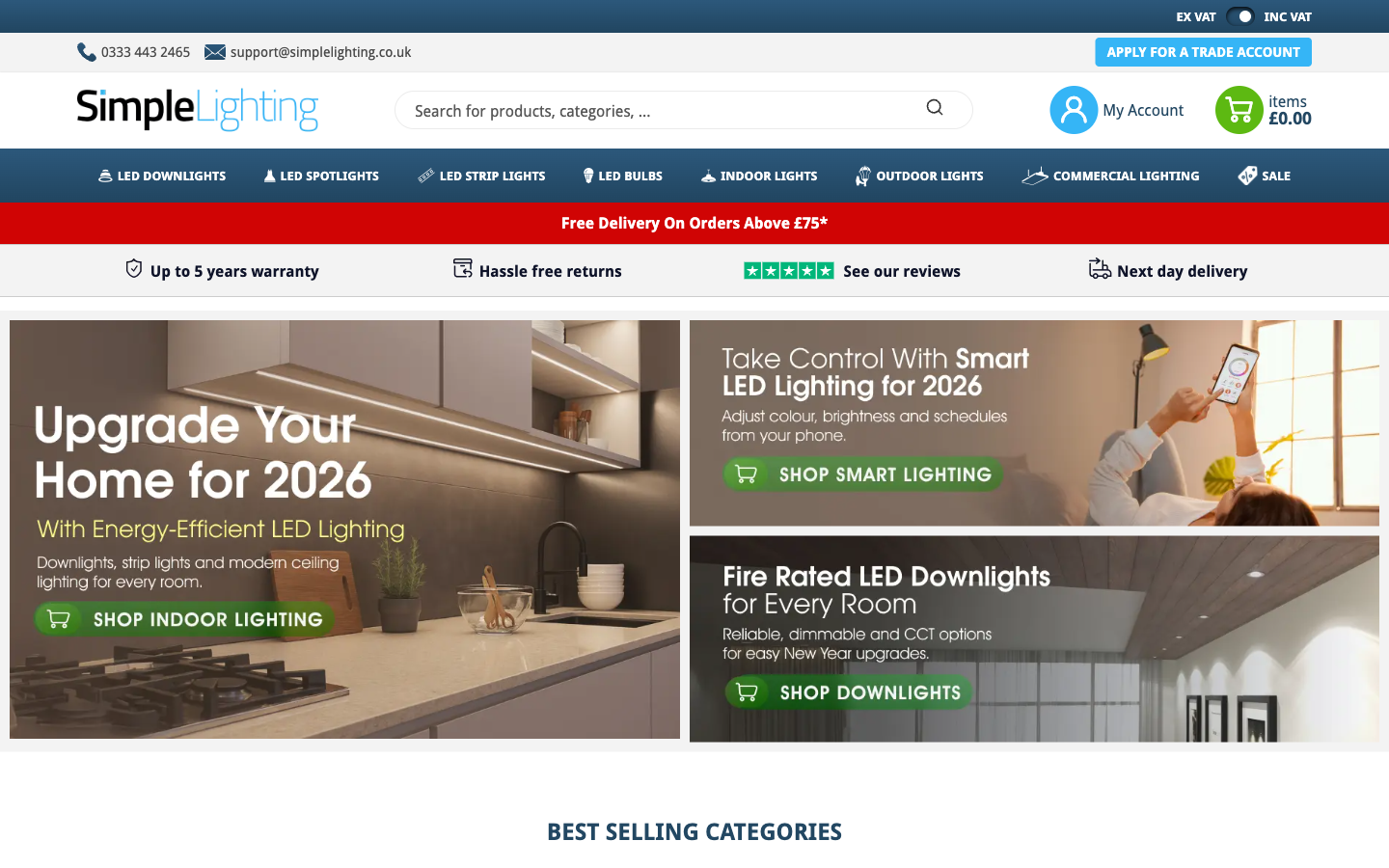 Simple Lighting ana sayfa: downlight, spot ve LED şerit kategorileri