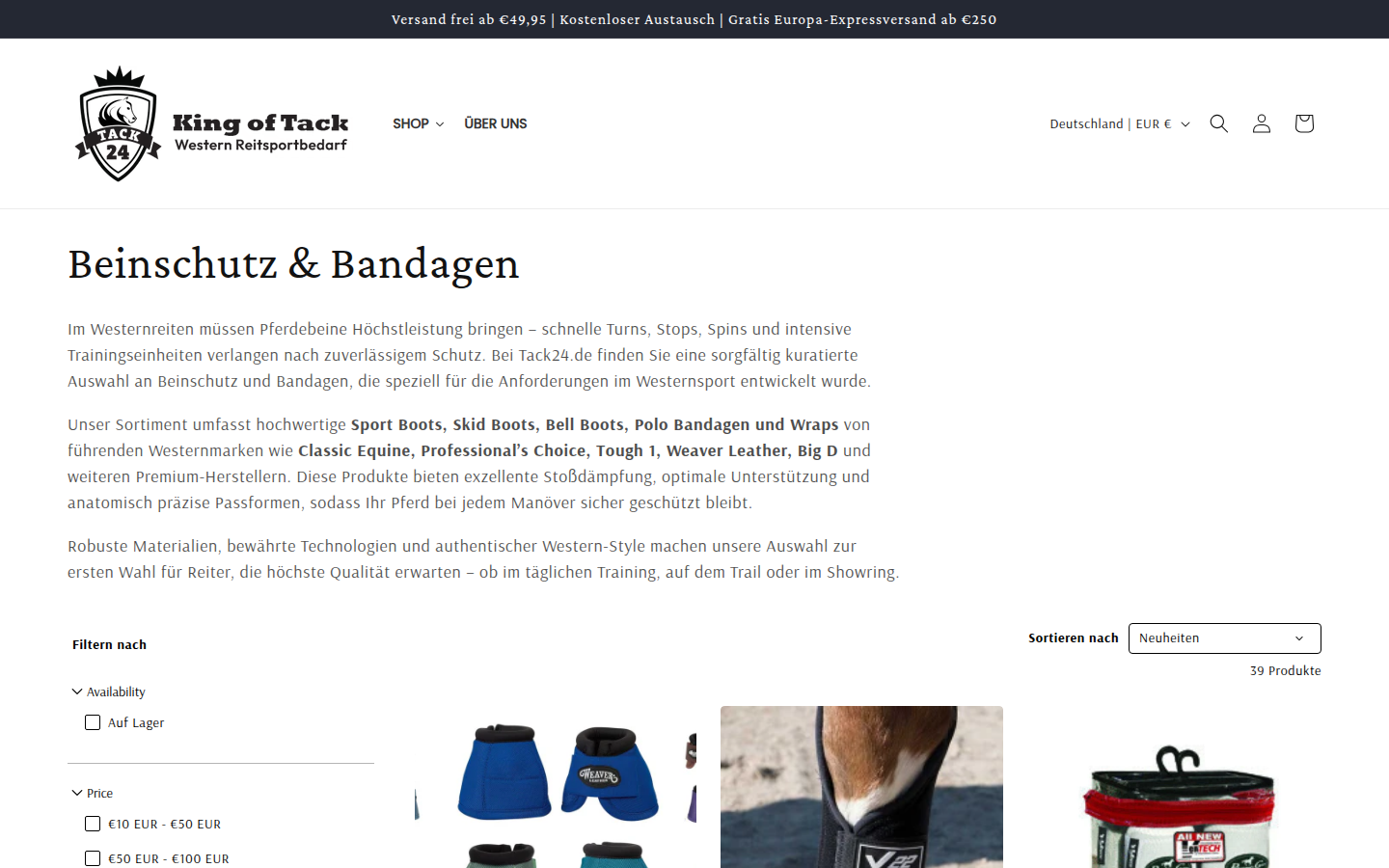 Tack24 koleksiyon sayfası; bacak koruma ürün ızgarası