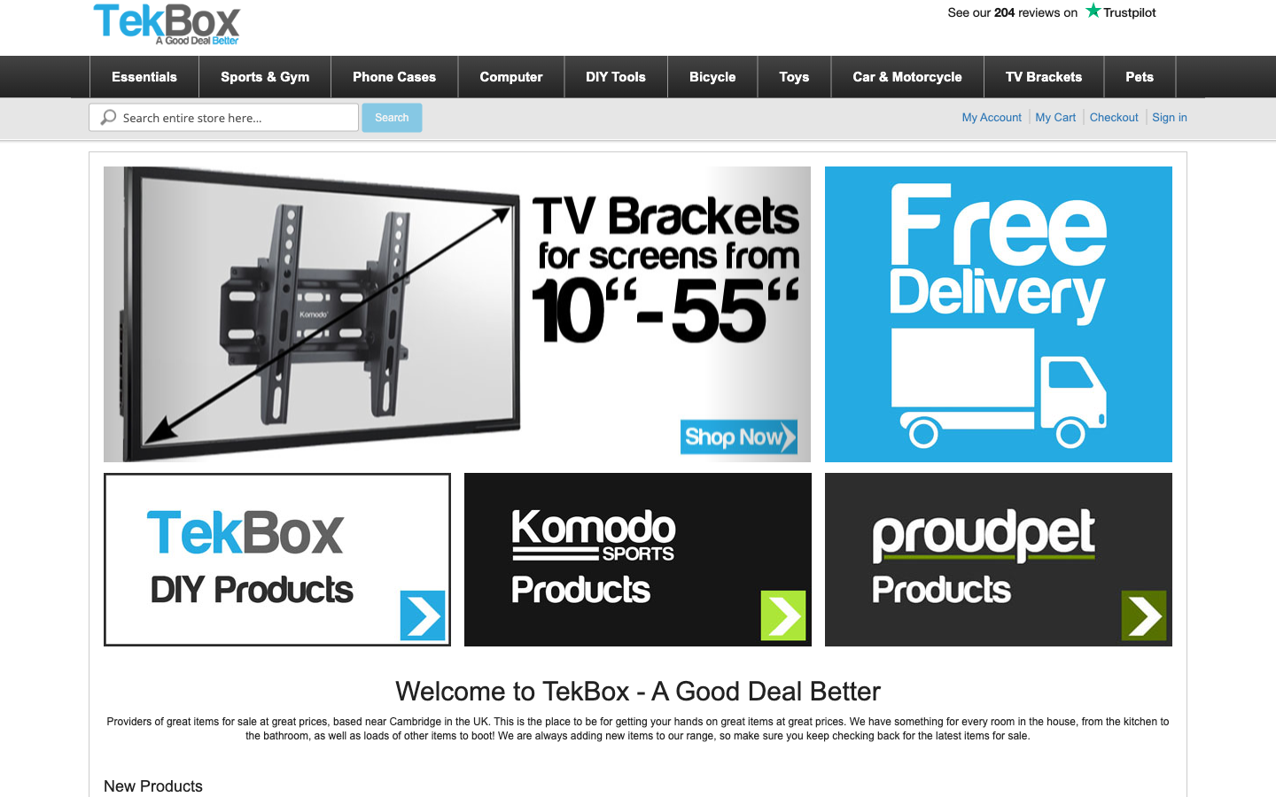 TBTrade (TekBox) ana sayfa: kategori menüsü ve free delivery mesajı