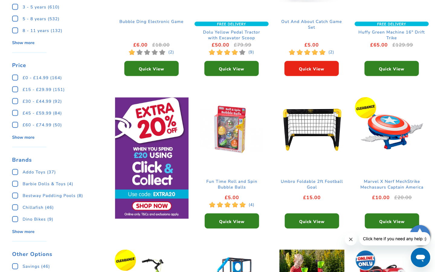 The Toy Shop kategori sayfası: filtreler ve ürün grid’i