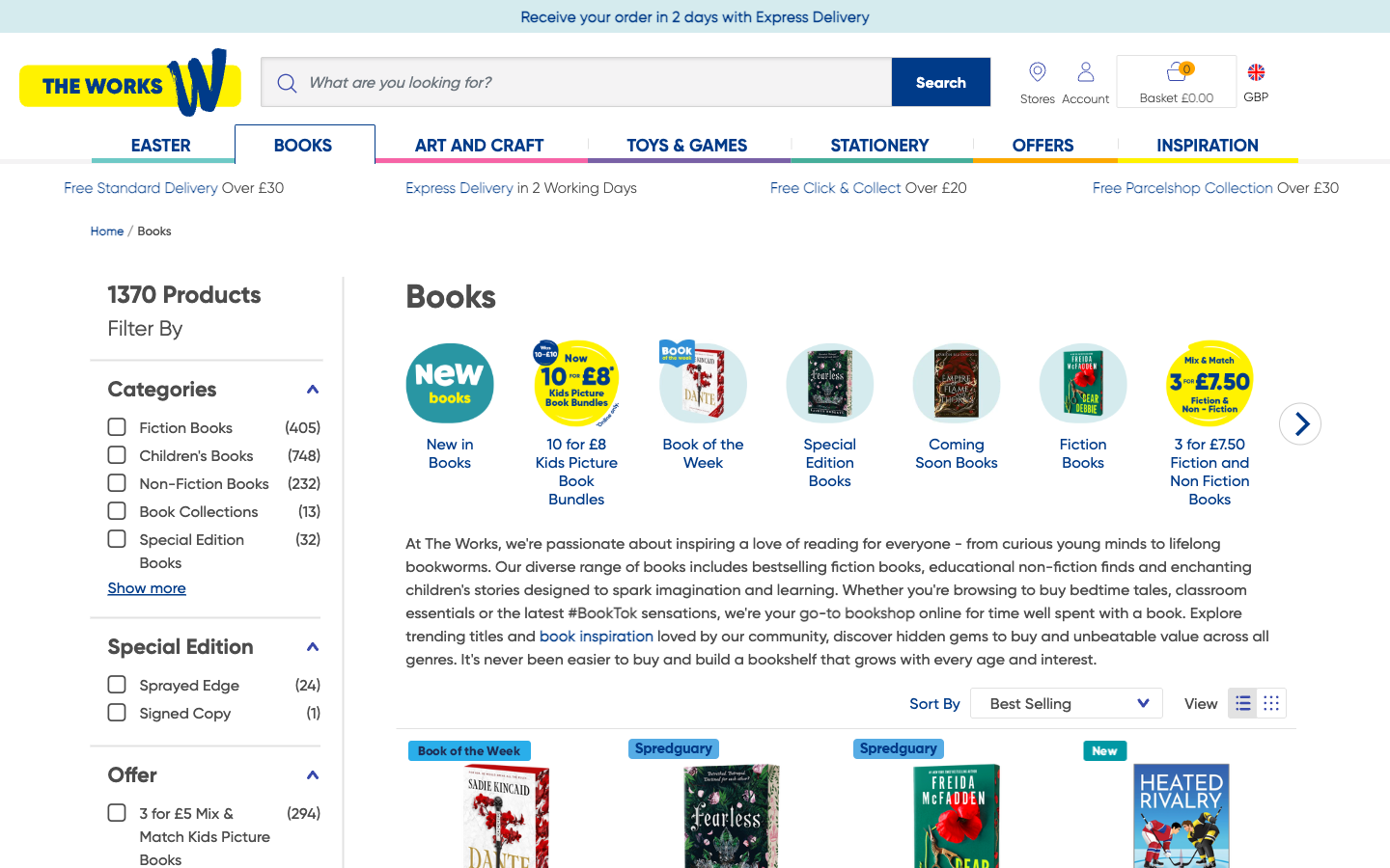 The Works Books kategori sayfası: filtreler ve alt kategori navigasyonu