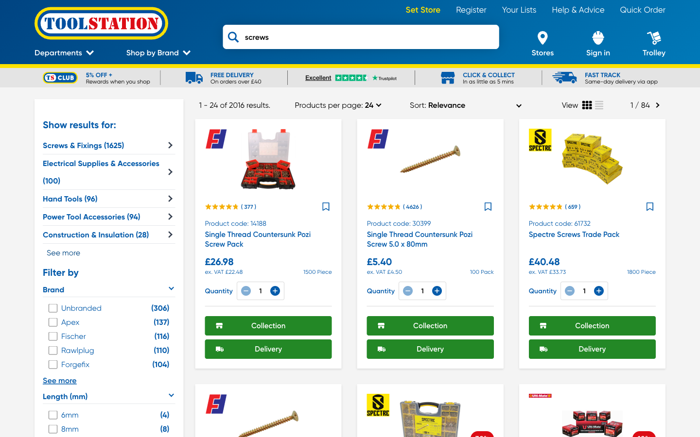 Toolstation screws araması: filtreler ve pack size görünen ürün grid’i