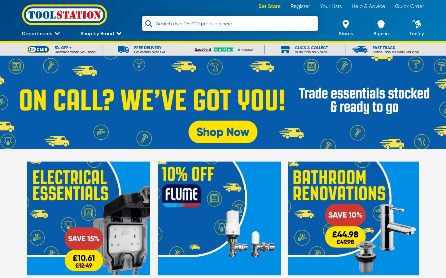 Toolstation ana sayfası: Departments navigasyonu ve trade promosyonları